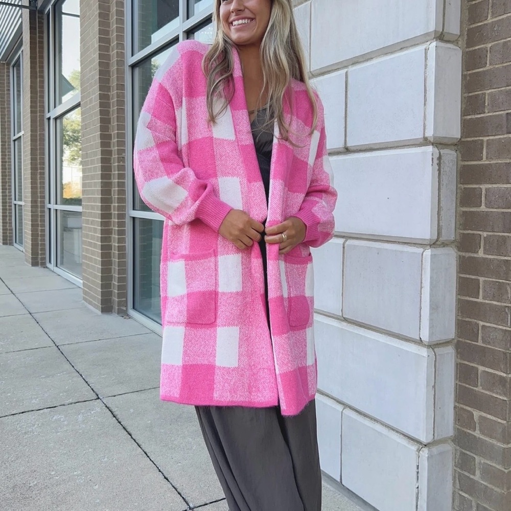 Pink Lily Coatigan Plaid Pink Medium Oversized Cardigan Sweater Long